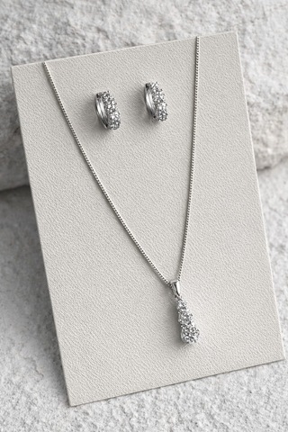 Çelik Silver Pırlanta Montür Işıltılı Luxia Kolye Ve Küpe Seti -kararma Yapmaz- Gümüş