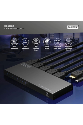 Digitus 5x1 Hdmı Switch, 4k/60hz Hdcp 2.2 Kumandalı Geçiş Kontrolü