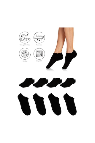 Bambu Kadın Sneaker Siyah Çorap Dikişsiz Görünmez Bilek Spor 4'lü Siyah