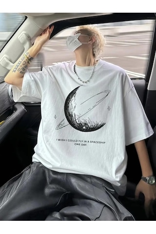 Baskılı Oversize Bisiklet Yaka Tshirt Beyaz