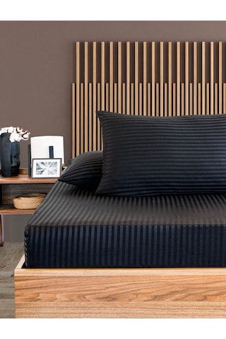 Çizgili Pamuk Saten 1 Adet 100x200 30 Tek Kişilik Lastikli Çarşaf Siyah