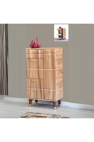 Roma Atlantik Çam Ayakkabılık Gold Detaylı 1 Kapaklı 1 Çekmeceli 2 Düşen Kapak 60x34x150 Cm