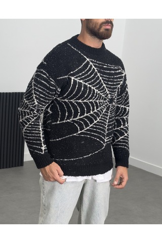 Örümcek Ağı Desenli Siyah Erkek Peluş Sweatshirt Coc1200 Siyah