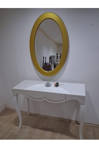 Dresuar Cnc Çökertme 90671 Model Oval Gold Renk Ayna Lake Beyaz Tabla Kayn Aslan Ayak Beyaz - Gold