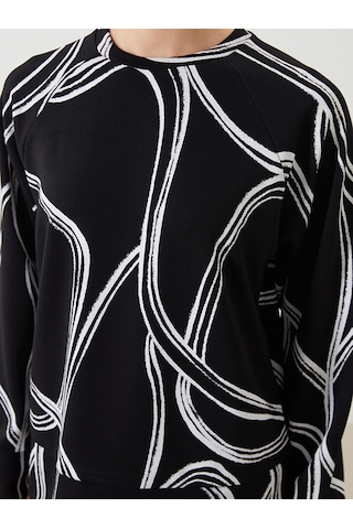 Lcwaıkıkı Classic Siyah Bisiklet Yaka Desenli Oversize Kadın Sweatshirt