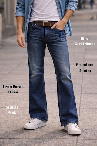 Cedy Denim Cedy Denım Premium Seri: Erkek Retro Flare Bootcut Jean - Geniş Paça Taşlanmış Denim Pantolon C370 Mavi