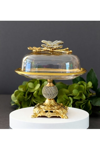 Çnr Home Collection Kelebek Detaylı Elmas Kesim Gold Metal Ayaklı Sunumluk-tereyaglık-peynirlik-kahvaltılık Gold