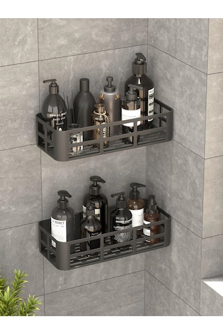 Banyo Duş Rafı 2'li Yapışkanlı Ve Deliksiz Duş Organizer Suya Dayanıklı Siyah Raf Çok Renkli