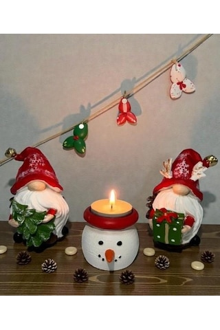Dekoratif Yılbaşı Dekor Seti Noel Cücesi Figürleri Ve Kardan Adam Mumluk Yeni Yıl Masa Üstü Süsleme