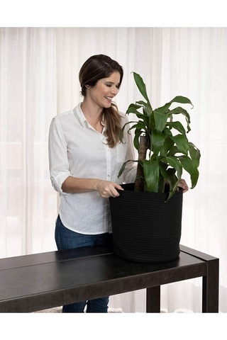 Ikili Dekoratif Jüt Saplı Hasır Sepet Saksı 30 Cm Ve 25 Cm , Dekoratif Saksı Ve Havluluk Siyah