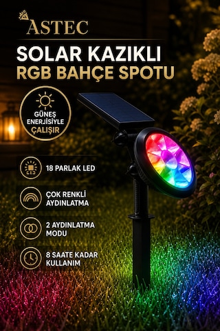 Astec Solar Güneş Enerjili Rgb Kazıklı Bahçe Aydınlatma Lambası 18w Dış Mekân Led Spot Çok Renkli