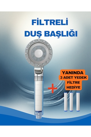 Filtreli Duş Başlığı 3 Adet Yedek Filtre Su Arıtmalı, Klor Ve Kireç Önleyici, Yüksek Basınçlı Gri - Siyah