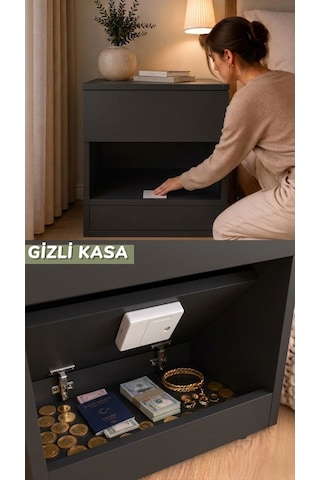Gizli Komodin - Kasalı Komodin - Gizli Bölmeli Komodin - Akıllı Kasa - Komodin- Gizli Çekmece Komdin- Gizli Kasa Komodin- Kartlı Komodin Antrasit - Siyah