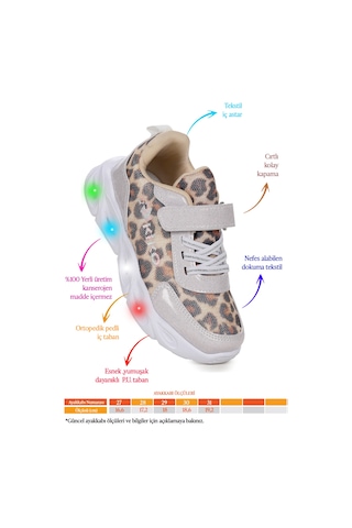 Kiko Kids Teno Cırtlı Işıklı Leopar Kız Çocuk Spor Ayakkabı Beyaz Beyaz