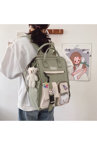 Samdoo Kadın Üniversite Öğrencisi İçin Büyük Kapasiteli 16" Siyah Çift Askılı Çanta - Badge Aksesuar, Dayanıklı Kumaş, Modern Stili Siyah