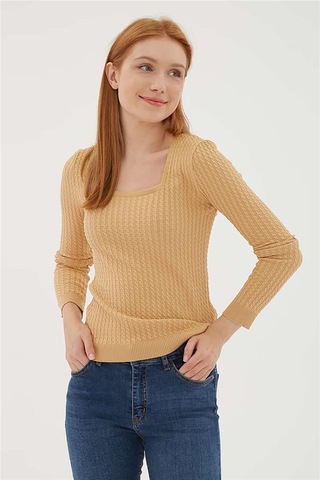 Fashion Friends Kadın Kare Yaka Saç Örgülü Kazak 23k0405k1 Camel