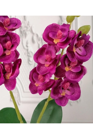 Yapay Çiçek Ahşap Kütük Saksılı Fuşya Mini Yapay Orkide Dekoratif Hediye
