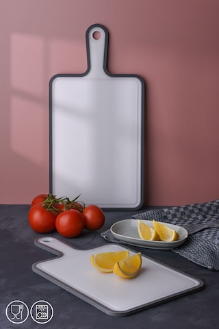 2 Li Kaydırmaz Kesme Tahtası Kulplu Kesim Panosu 1x 30x21 Cm 24,5x19,5 Cm Beyaz - Gri