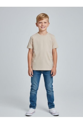 Zekids Çocuk Pamuklu Basic Yuvarlak Yaka T-shirt-16714 Bej