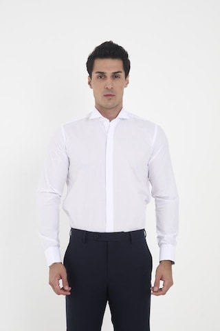 Brianze Beyaz Ata Yaka Damatlık Slim Fit Gömlek Kol Düğmesi Hediye Beyaz