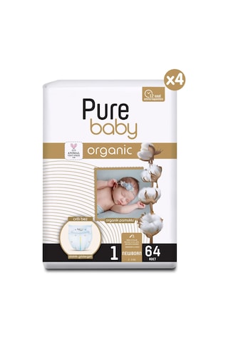 Pure Baby Organik Pamuklu Cırtlı Bez 4'lü Paket 1 Numara Yenidogan 256 Adet 4'lü