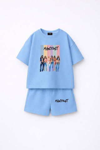 Fasardi Manifest Girls M6nifestgirls Baskılı Oversize %100 Pamuk Tişört Şort 2li Çocuk Takım Mavi