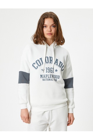 Koton Oversize Kolej Baskılı Sweatshirt Kapüşonlu Renk Bloklu Ekru 5wal10016ık Ekru