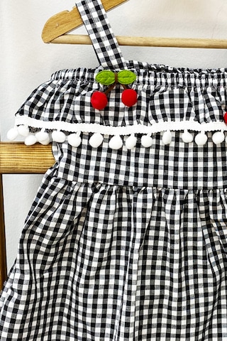 Kız Çocuk Askılı Elbise Dantelli Ekose Desenli B14 Siyah