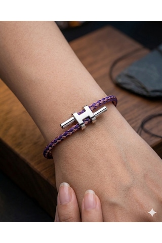 Unisex H Model Silver Renk Çelik Detay Mor Ve Pembe İp Bileklik