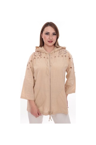 Lady Majestic Büyük Beden %100 Cotton Kapüşonlu Hırka Rahat Ve Şık Tasarım - 44462 Bej