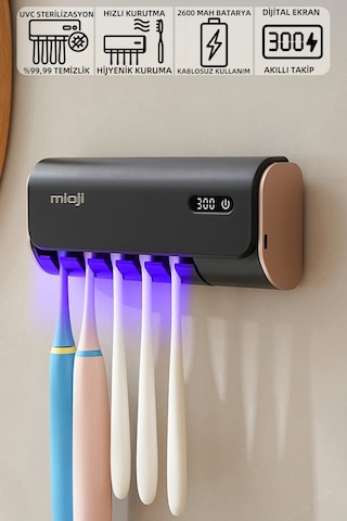 Mioji UV5F Pro 2600mah Şarj Edilebilir Uv Sterilizatörü Diş Fırçası Tutucusu Siyah Siyah