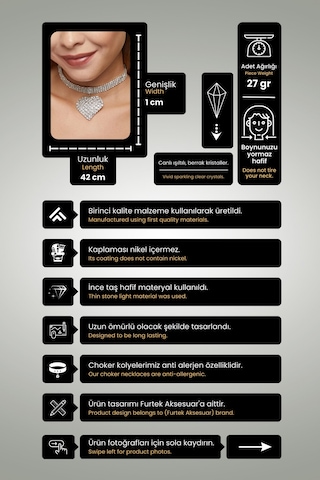 Kadın Kalp Model Zirkon Taşlı Gümüş Kolye Abiye Tasma Choker Çok Renkli