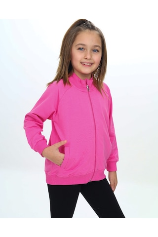 Toontoy Kız Çocuk Dik Yaka Fermuarlı Cepli Reglan Kol Örme Hırka - 2 İplik Fuşya