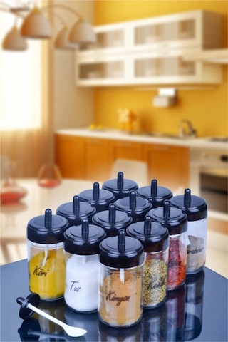 Cam 12 Adet Kapağı Kendinden Kaşıklı Cam Baharatlık Seti Ve 30 Adet Suya Dayanıklı Şeffaf Etiket-30 ŞEffaf