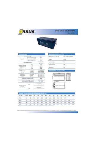 Orbus 12 Volt 200 Amper Jel Akü Derin Döngü - 12v 200ah Deep Cycle