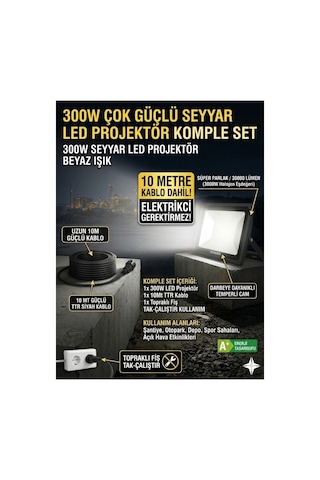 10 Metre Kablolu 300 Watt Seyyar Led Projektör Aydınlatma. Seyyar Aydınlarma Su Geçirmez Dış Mekan Ip66,beyaz Çok Güçlü Işık
