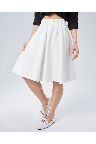 Nurören Flamlı Keten Midi Boy Kloş Etek-beyaz-01 Beyaz