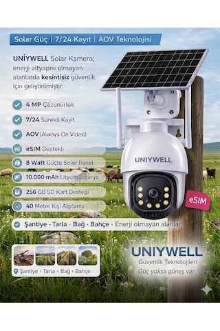 Uniywell Avo 4 Mp Solar Panelli 4g Ve Esım Destekli Kablosuz Güvenlik Kamerası Internet Paketi + 64 Gb Sd Kart l