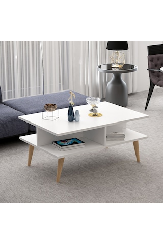 Dekorosso Poloo Ahşap Ayaklı Modern Dekoratif Orta Sehpa Beyaz