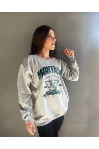 Montana Baskılı Unısex Sweat Açık Gri