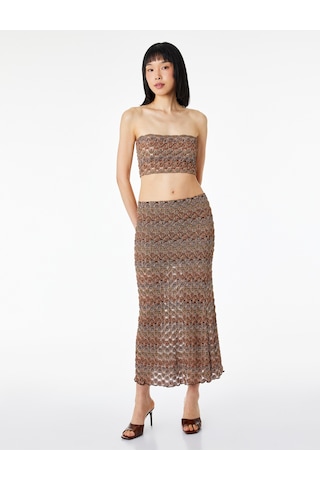 Koton Slim Fit Desenli Straplez Crop Kroşe Top Turuncu Desenli 6sak10330ek