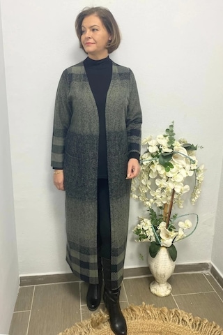 Mia Butik Büyük Beden Haki Siyah Kare Desenli Uzun Hırka Haki