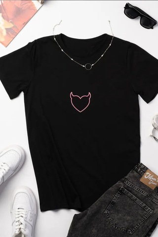 Unisex Şeytan Kalp Baskılı Oversize Tshirt Siyah
