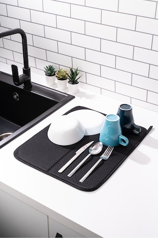 1 Adet Bulaşık Matı Süper Emici Bulaşık Kurutma Matı 45x36cm Tezgah Üstü Bulaşık Matı Yumuşak Doku Siyah