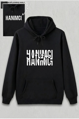 Sevgililer Günü Özel Kapüşonlu Hanımcı Baskılı Oversize Sweatshirt - Siyah