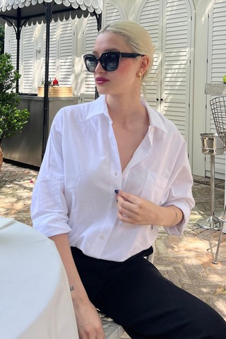Madmext Beyaz Oversize Basic Cepli Poplin Gömlek Mg1530 Beyaz