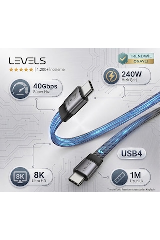 Levels Usb4 Type-c Kablo 240w Hızlı Şarj & 40gbps Veri Transferi 8k 60hz Uhd 1m Flat Kablo 100cm
