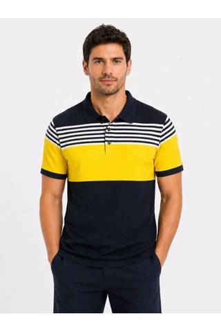 Defymoda Erkek Pike Kumaş Çizgili Polo Yaka Tişört Kısa Kol Yazlık T-shirt - Lacivert