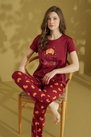 Çağrı Kadın Desenli Bisiklet Yaka Düğmesiz Pamuklu Yazlık Kısa Kol Pijama Takımı bordo