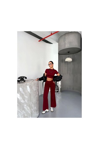 Butik İstanbul Osy Modal Yumuşak Dokulu Kumaş Kısa Kollu Crop Alt Ispanyol Paça Pantalon Ikili Takım - Bordo